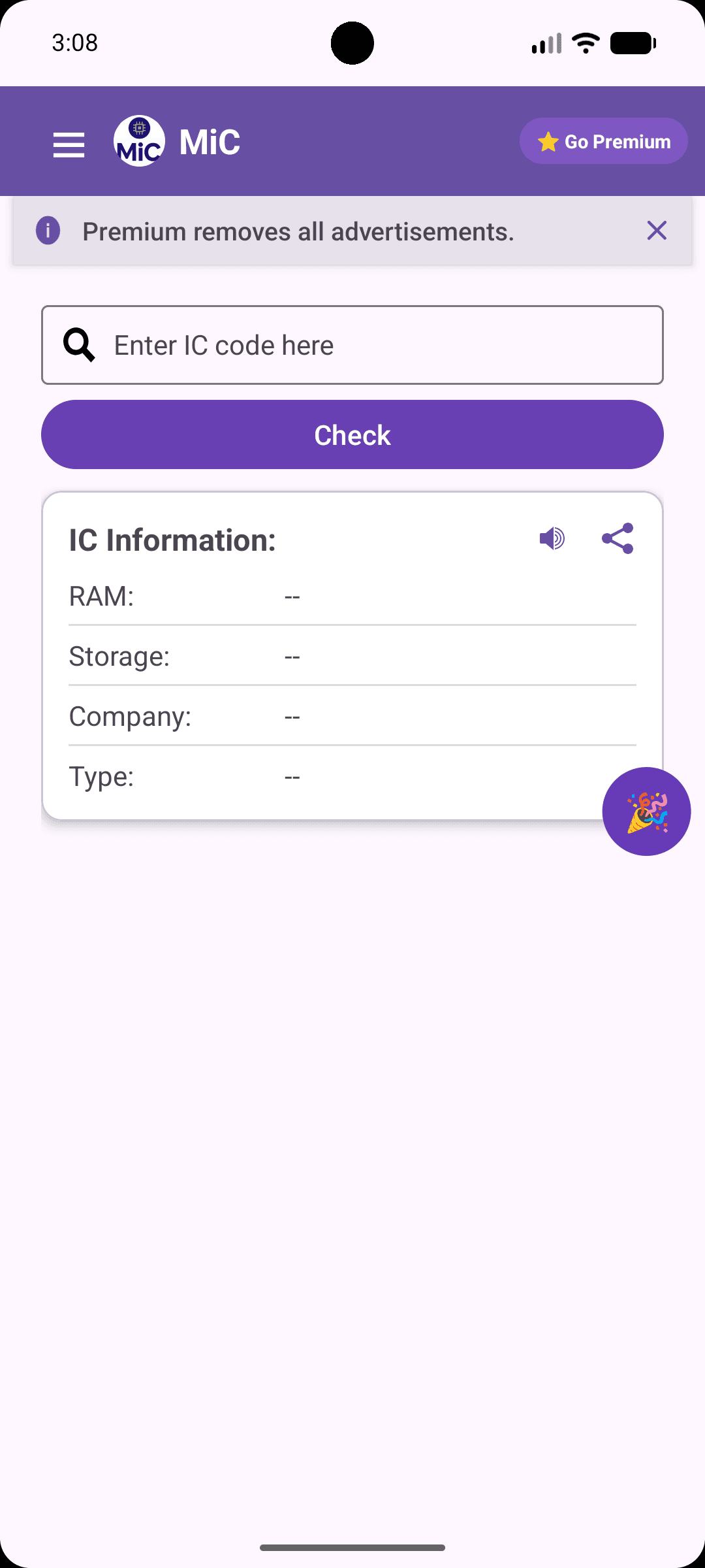 Mobile IC Checker app showing IC code search
